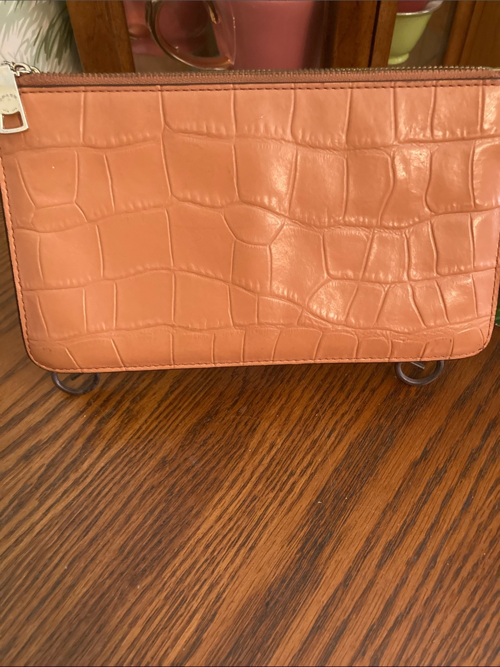 Coach Tan/Salmon Crocodile-Embossed Leather Clutch/Wristlet. - Picture 3 of 9